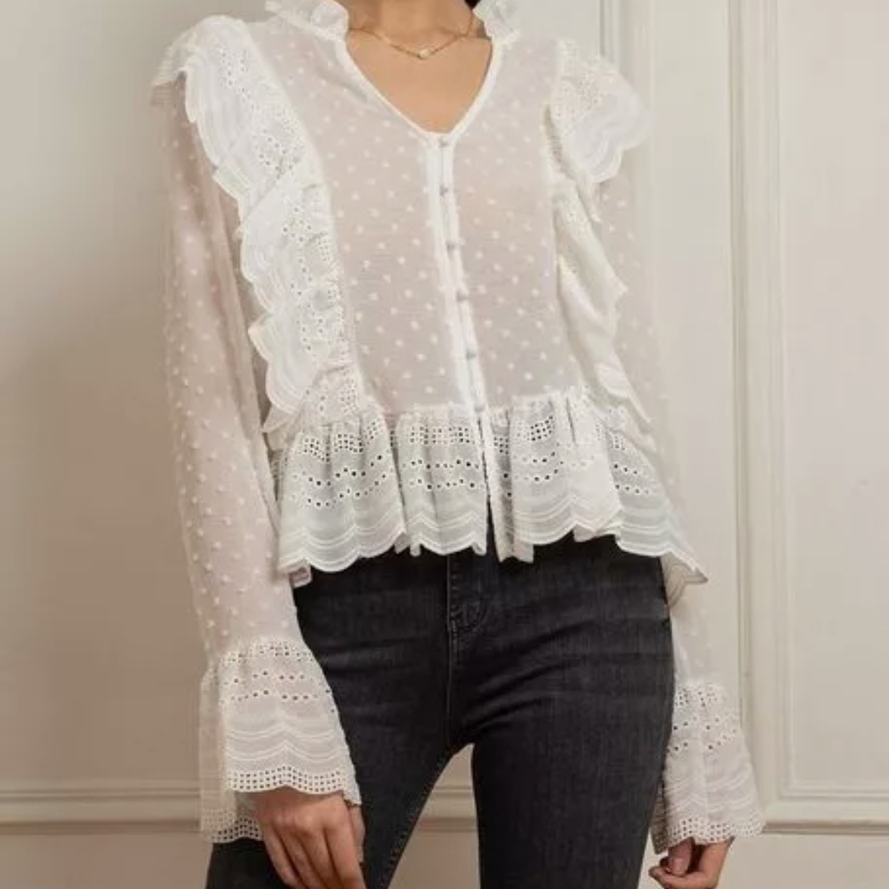 70°F/21°C White Ruffled Peplum Blouse with Bib Collar